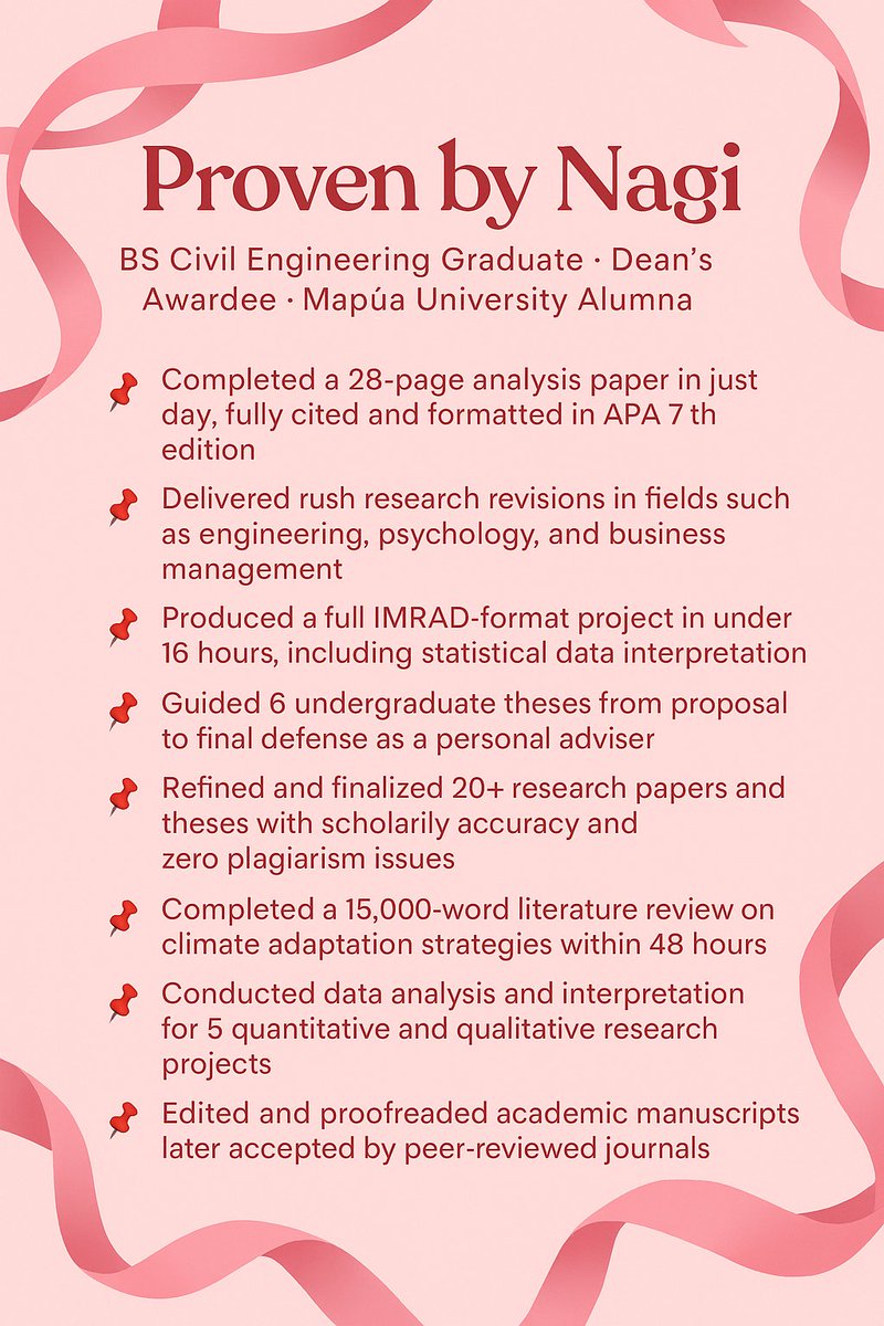 🌸 Proven by Nagi 🌸
Behind every polished thesis, every rush paper saved before the deadline, and every research project that turned from messy draft to shining final output — there’s passion, precision, and persistence.

As a BS Civil Engineering Graduate, Dean’s Awardee, and