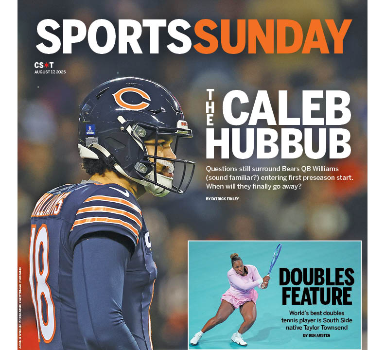 Sun-Times Sports (@suntimes_sports) on Twitter photo The Sun-Times Sports Sunday cover, featuring Bears QB Caleb Williams, who's facing questions entering his preseason debut that might take months to answer, by <a href="/patrickfinley/">Patrick Finley</a>. trib.al/xVbW2tS The Sun-Times Sports Sunday cover, featuring Bears QB Caleb Williams, who's facing questions entering his preseason debut that might take months to answer, by <a href="/patrickfinley/">Patrick Finley</a>. trib.al/xVbW2tS