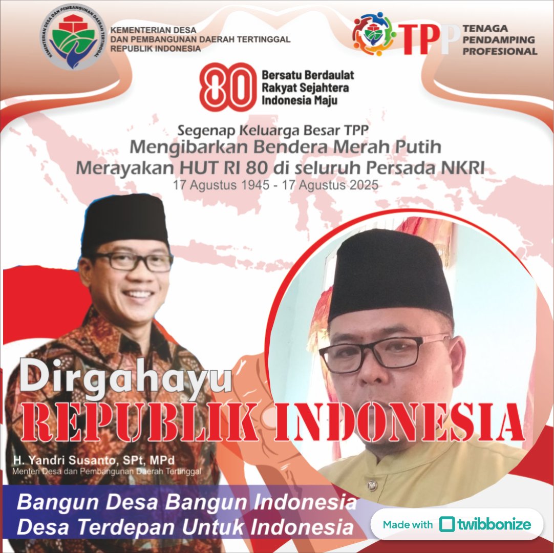 bin_nazaruddin's tweet photo. DIRGAHAYU REPUBLIK INDONESIA Ke 80
"Berrsatu Berdaulat"
"Rakyat Sejahtera"
"Indonesia Maju"

@prabowo
@YandriSusanto27 @ahmadrizapatria

#TPPKibarBenderaMerahPuth
#TPPDirgahayuRI80
#BangunDesaBangunIndonesia 
#TPPJambi
#TPPTanjabBarat

@kemendespdt @bpsdmkemendesa https://t.co/6T9XrvgJ9W