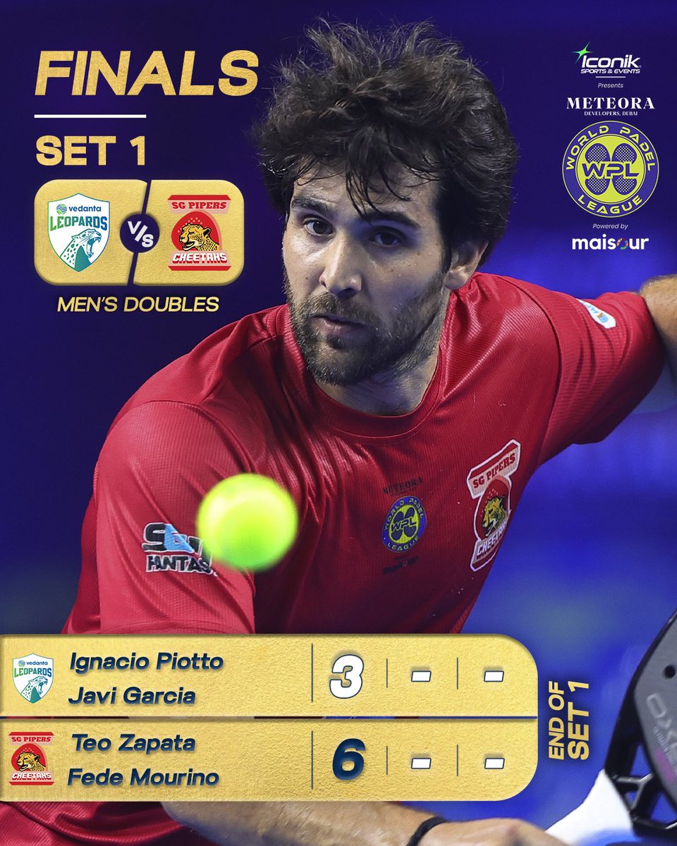 The first set ends in the favour of the defending champions, as Fede Mourino &amp; Teo Zapata of the SG Pipers Cheetahs ease past the Vedanta Leopards 3-6.

#TheGreatestShowOnCourt #WorldPadelLeague #PadelIndia #PadelOn #PadelFever #PadelAddict #Mumbai #WPL #2025 #VedantaLeopards
