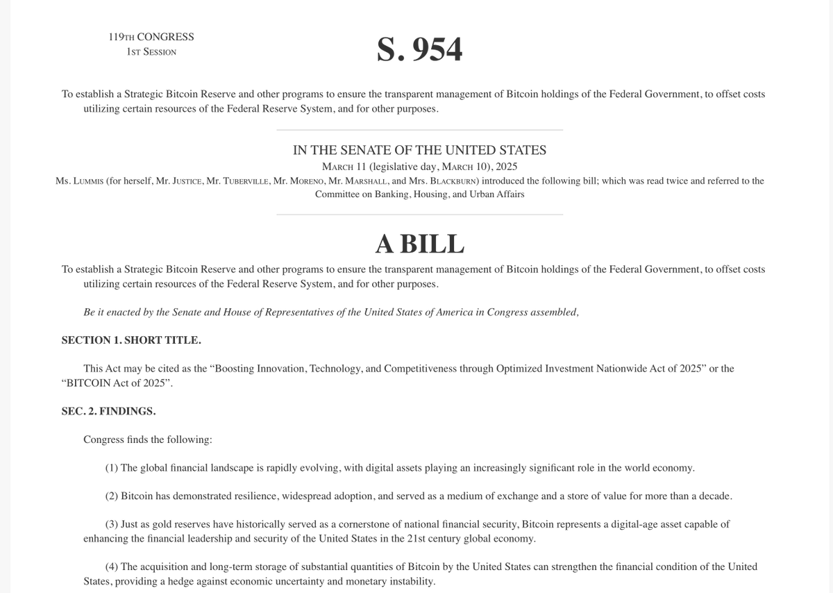 Screenshot of Senate Bill S.954 detailing the BITCOIN Act of 2025