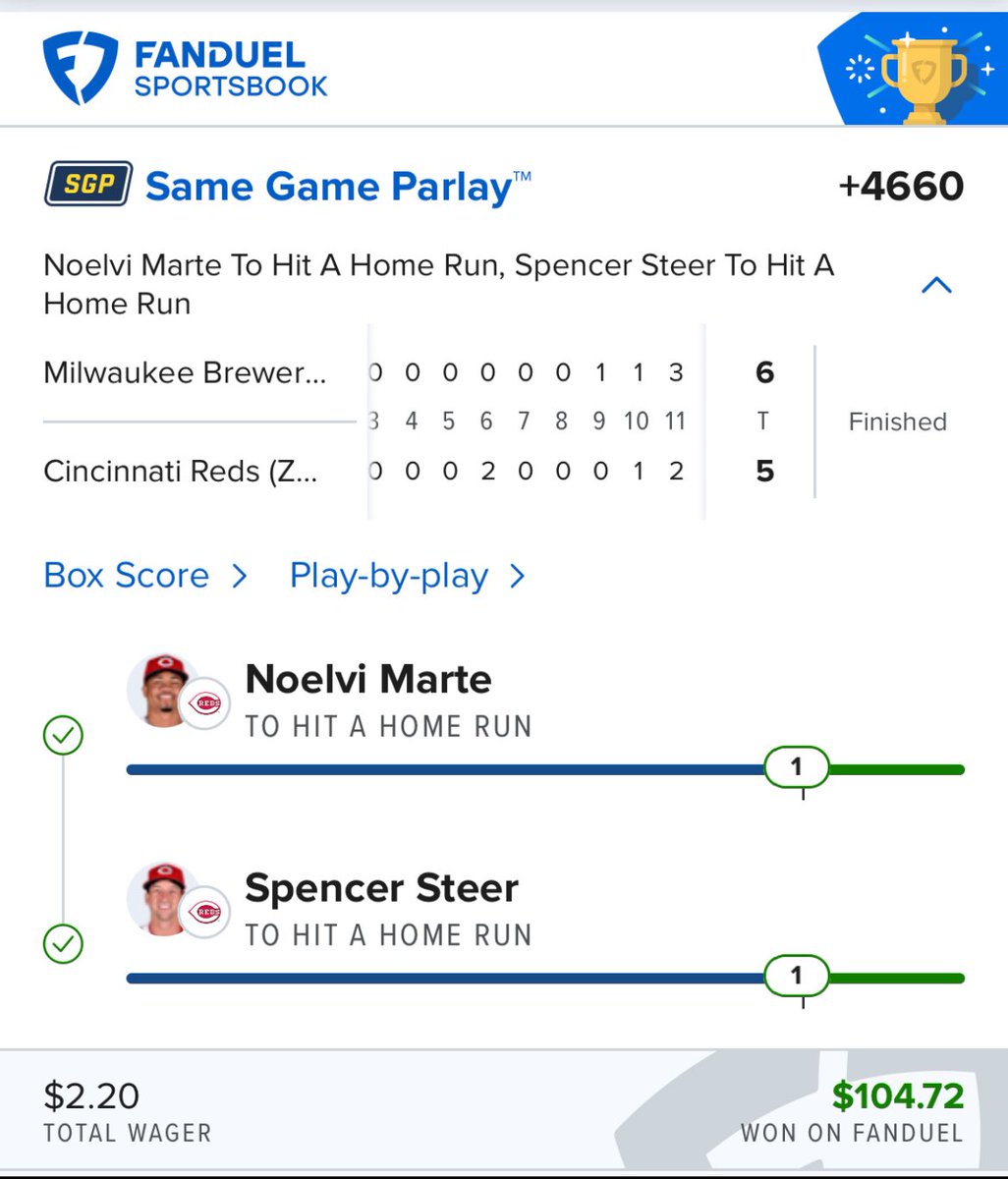 SportCapitalM's tweet photo. MLB Homeruns SGP winners 😎💰😀✅ https://t.co/lNruHAbTed