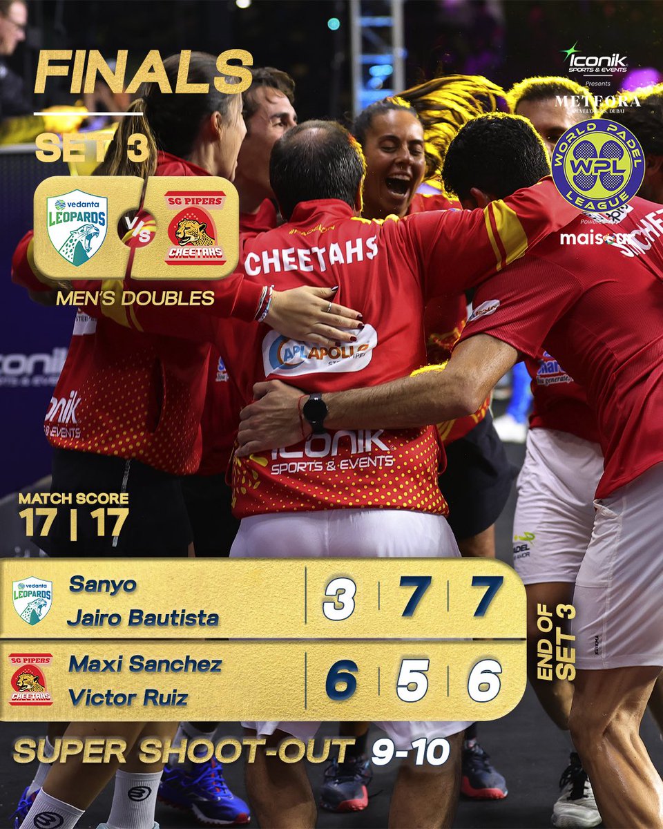 As Dramatic as it gets. 😱

The 3rd set went the way of the Vedanta Leopards 7-5, forcing a super shoot-out. A valiant effort by the Leopards but the game ends in favour of SG Pipers Cheetahs.

#TheGreatestShowOnCourt #WorldPadelLeague #PadelIndia #PadelOn #PadelFever