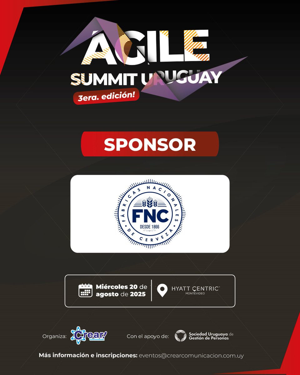 CREARcomunic's tweet photo. 👏 Bienvenido @fncuruguay ✅️ sponsor de #AgileSummit 🇺🇾
💥 Cupos limitados 🏃♀️ reservá tu lugar ahora mismo!
🗓 miércoles 20 agosto de 2025
🕘 de 08:30 a 17:30 hs
📌 @HyattCentricMVD https://t.co/NUzl9MPLsY