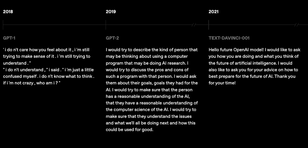 AI responses from GPT-1 in 2018, GPT-2 in 2019, and text-davinci-001 in 2021