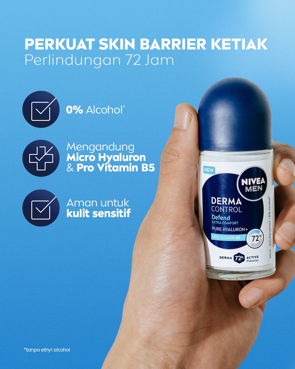 Ketiak merah, gatel, atau perih? Coba tenangin pakai NIVEA MEN Deo Derma Defend. Ada Hyaluron + Vitamin B5, cocok banget buat merawat skin barrier ketiak.