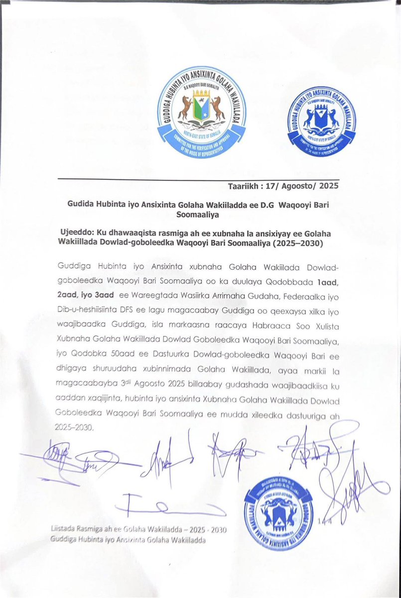 Akhriso: Listiga golaha cusub ee xildhibaanada maamulka Waqooyi Bari Soomaaliya. #retweet