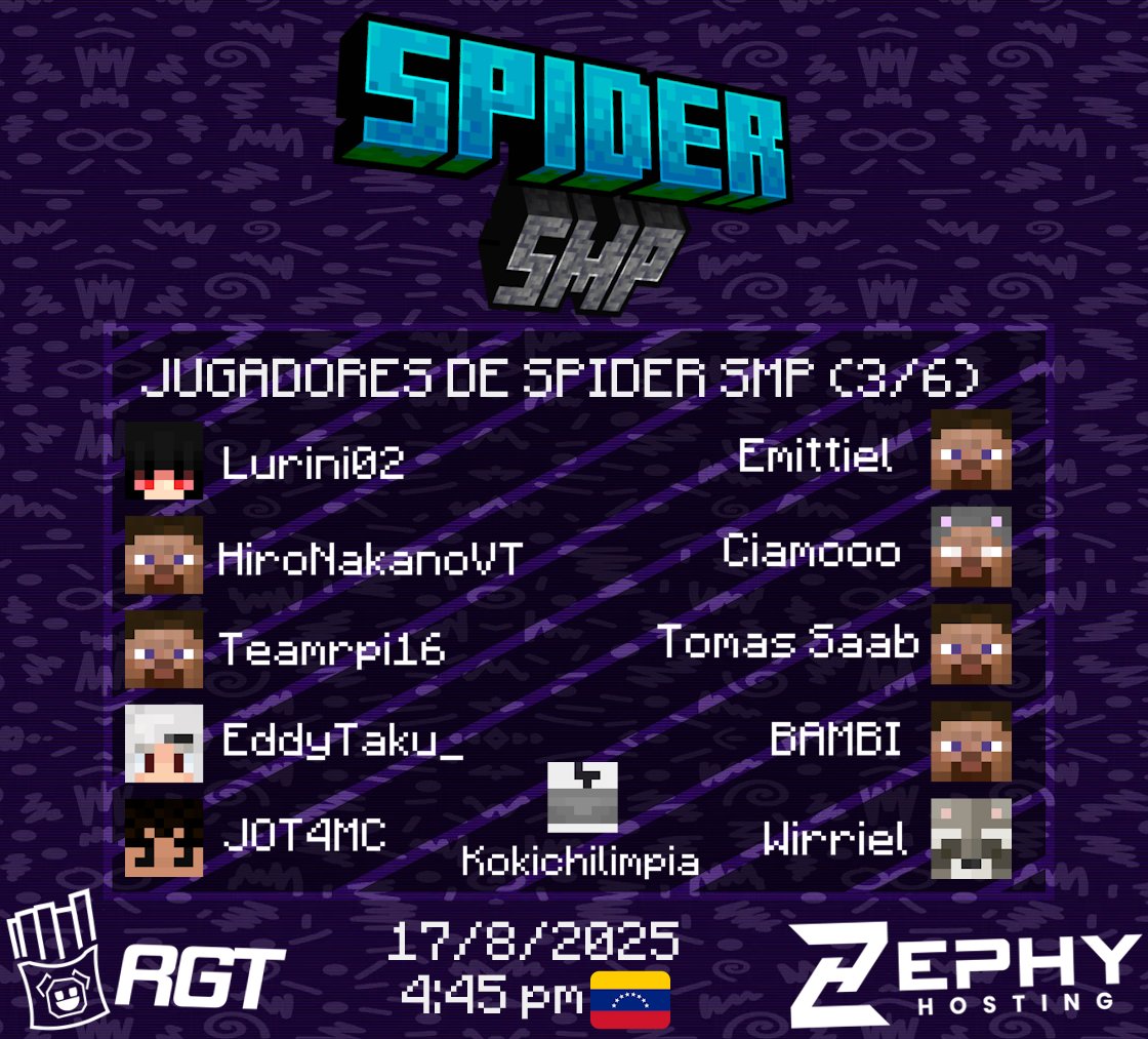 Retr0GameTe4m's tweet photo. Última lista de jugadores de #SpiderSMP (3/6)🕷️🕸️
Mañana dará inicio este SMP a las 4:45pm 🇻🇪
De momento las otras tres listas estarán encriptadas hasta nuevo aviso...💻
¡¡Suerte mañana a los jugadores!! https://t.co/UGq6961agF
