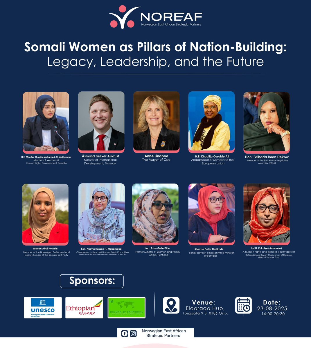 Asma Daimond (@asma_daimond) on Twitter photo Somali women are the backbone of nation-building! ๐ธ๐ด
A high-level discussion in Oslo will highlight the legacy, leadership, and future of Somali women:
๐
August 23, 2025
๐ Eldorado Hub, Oslo
โฐ 16:00 - 20:30
<a href="/Noreaf19/">NOREAF, Norwegian East African Strategic Partners</a>
#SomaliWomen #Leadership #NationBuilding #Oslo Somali women are the backbone of nation-building! ๐ธ๐ด
A high-level discussion in Oslo will highlight the legacy, leadership, and future of Somali women:
๐
August 23, 2025
๐ Eldorado Hub, Oslo
โฐ 16:00 - 20:30
<a href="/Noreaf19/">NOREAF, Norwegian East African Strategic Partners</a>
#SomaliWomen #Leadership #NationBuilding #Oslo