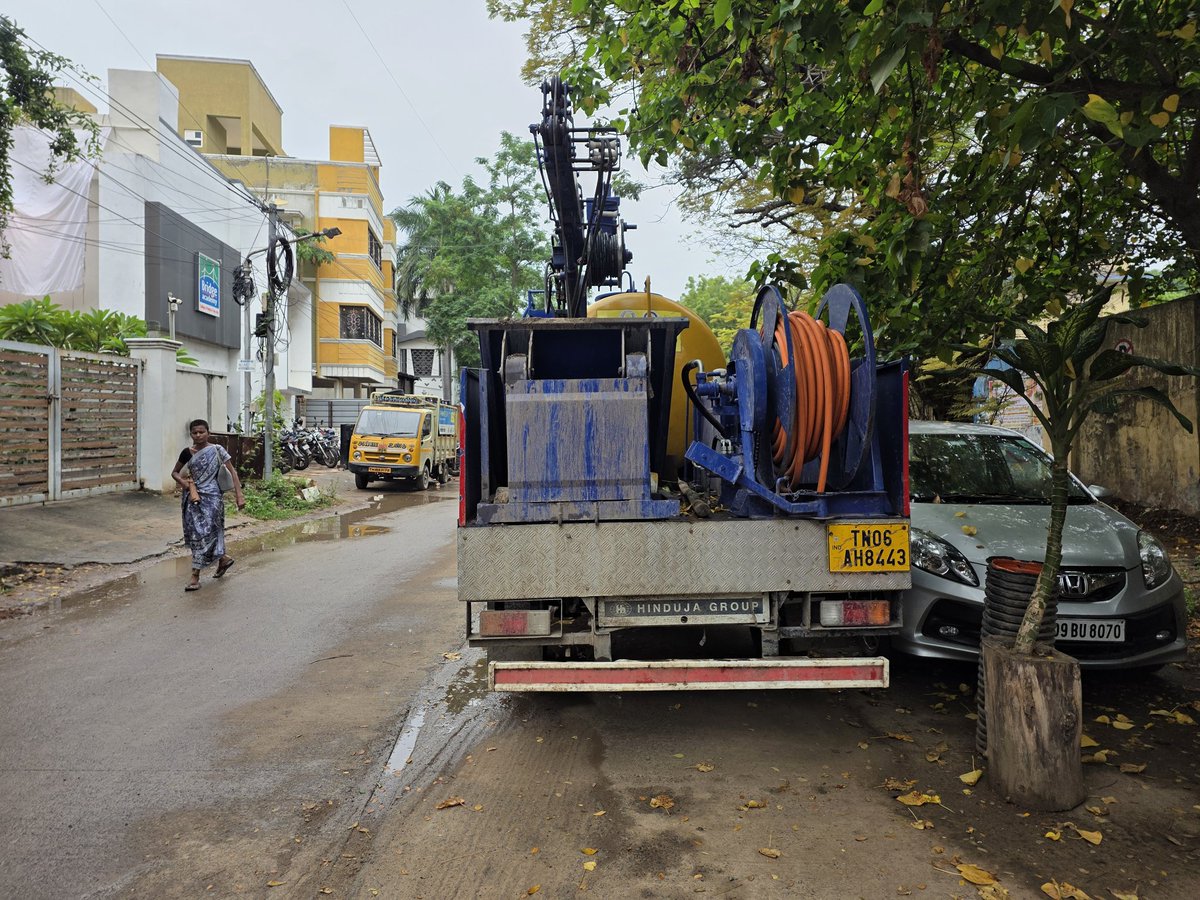 This sewerage service truck  double parks every day outside the gate of metro water pumping station in Nungambakkam obstructing traffic and causing acute inconvenience to residents.  The truck does not even have a number plate in front . The driver of this truck is a law unto