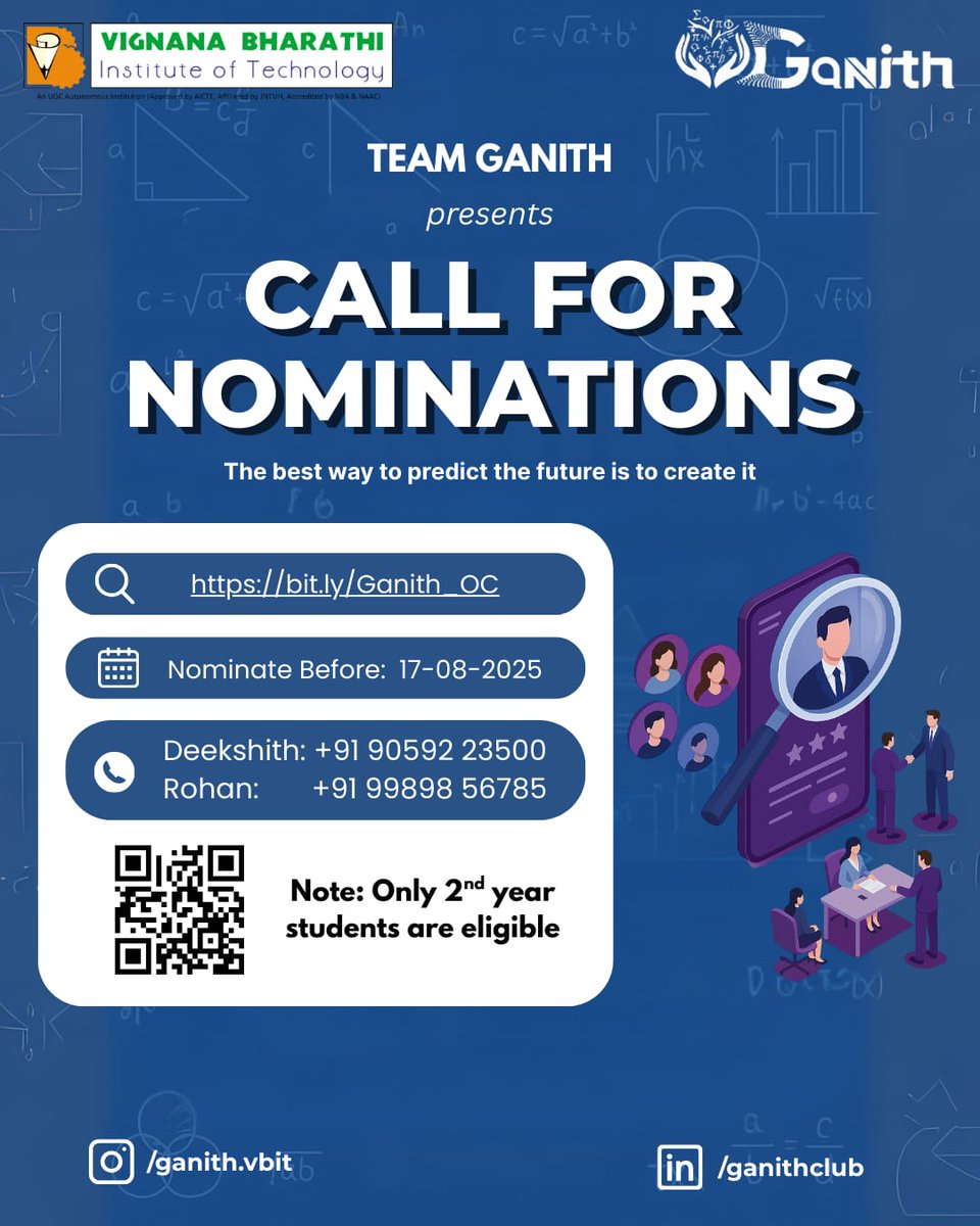 VBITHYD's tweet image. Registrations OPEN for Ganith Club Organizing Committee 2025–26!
Lead with passion, organize with purpose &amp;amp; make Math engaging at VBIT.
🗓 Deadline: 17th Aug, 2025
👉 Apply: bit.ly/Ganith_OC

#GanithClub #VBIT #MathForChange #StudentLeadership