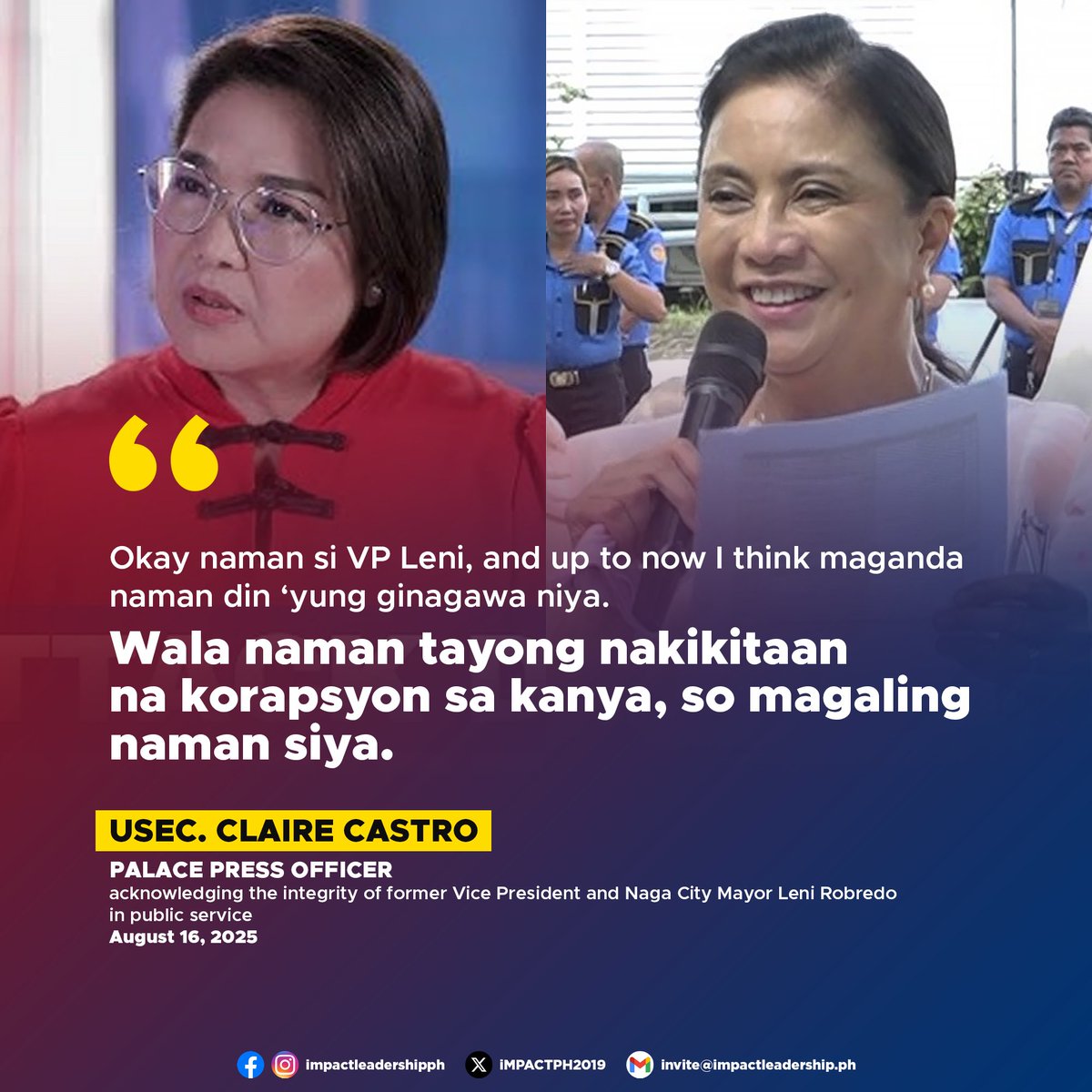CASTRO: NO CORRUPTION SEEN UNDER ROBREDO'S LEADERSHIP

Presidential Communications Office Undersecretary and Palace Press Officer Claire Castro acknowledged the integrity of former Vice President and Naga City Mayor Leni Robredo in public service during an interview on One News