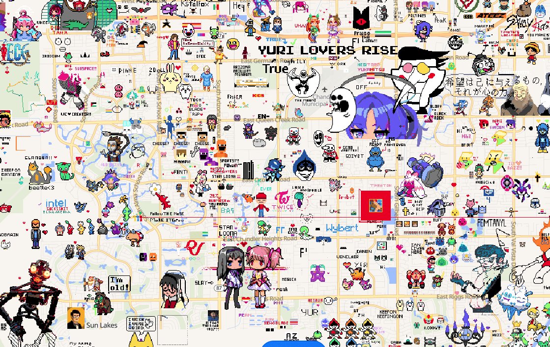 It's so fun seeing Chandler on Wplace! So many fun messages and characters.

I can spot General Iroh, the AZ Railway Museum, Olimar + Pikmin, "YURI LOVERS RISE!", queer icon Spamton, some Pokémon, and plenty of pride flags!

Check out Wplace yourself here: wplace.live