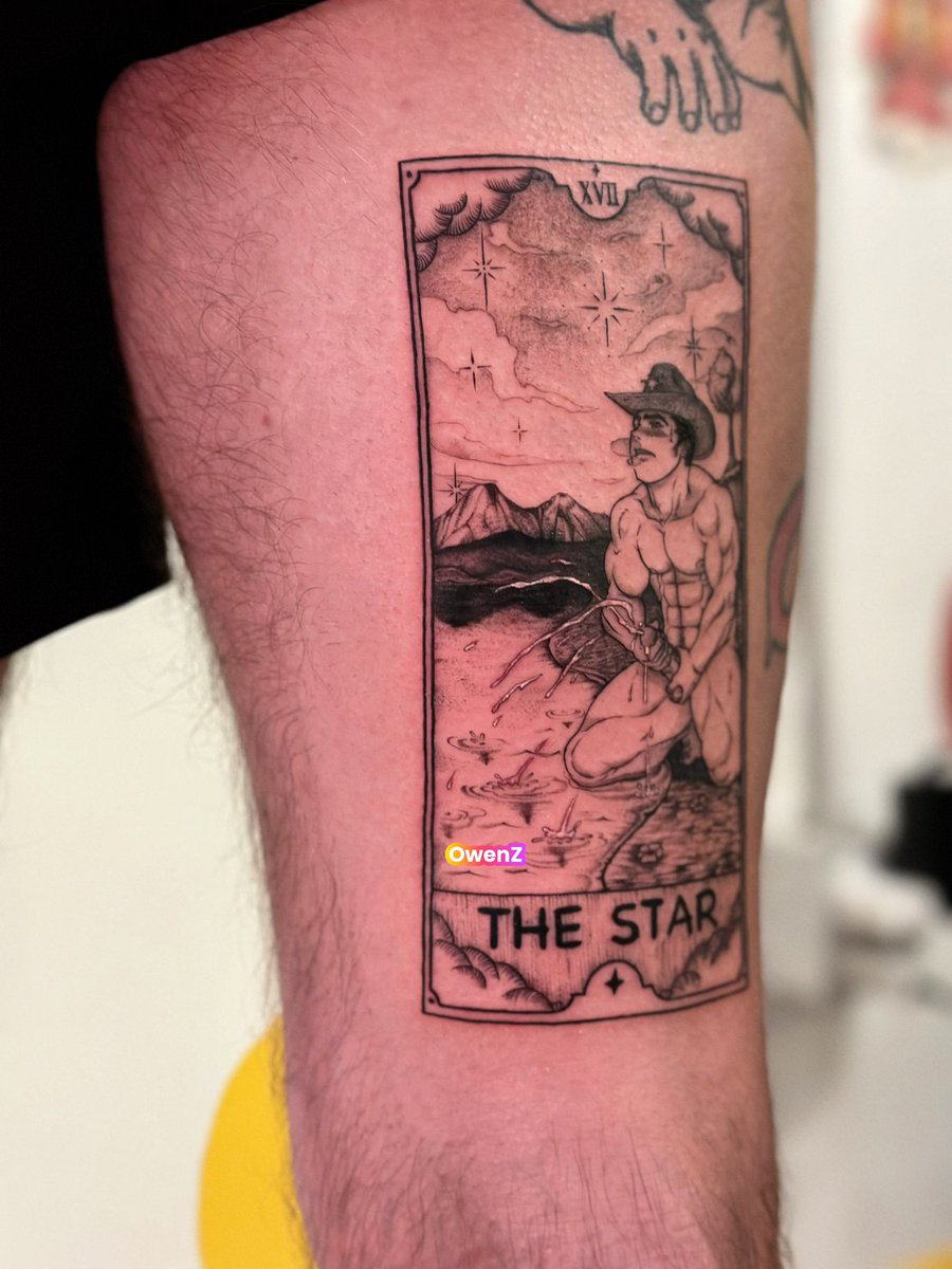 baronartowen's tweet photo. The Star tarot card queer art tattoo, designed by me and tattooed by me. I’m so happy how this one came out! https://t.co/jdiFlxTdYa