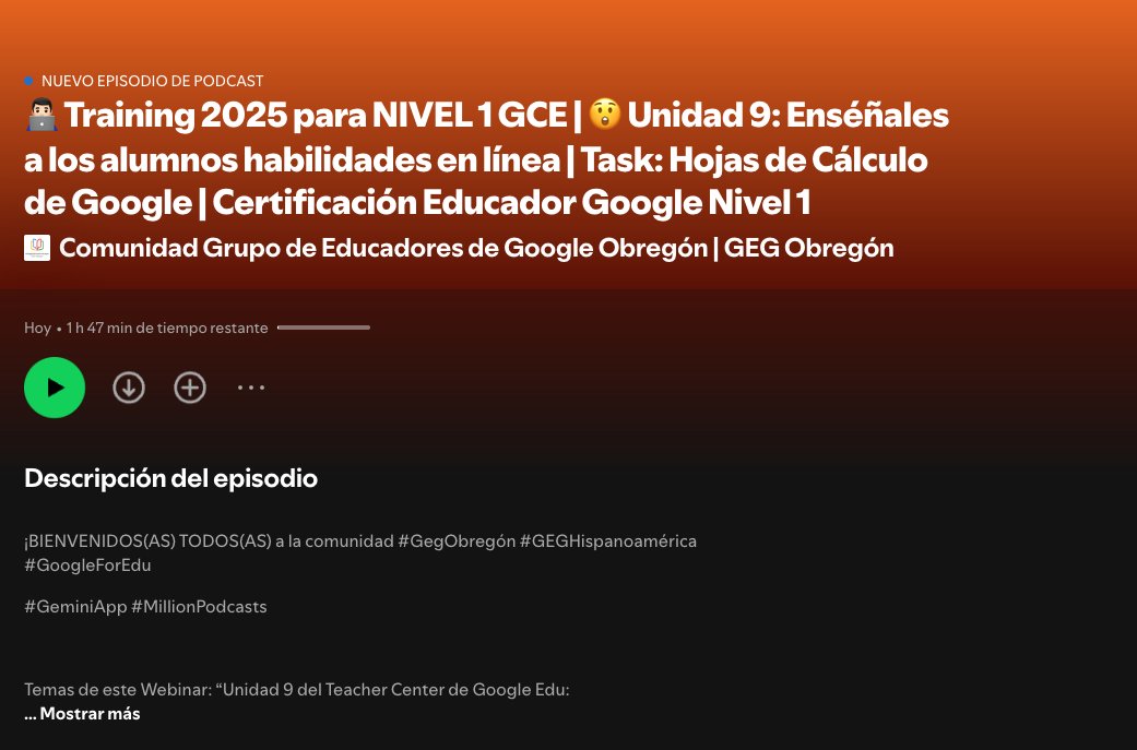 GEG Obregón (@gegobregon) on Twitter photo #NewsUpdate
😮 ¿Ya escuchaste 🎧 el último #Webinar 9a temporada? U9: Enséñales a los alumnos habilidades en línea y Task: Hojas de cálculo de Google | CertificaciónN1 #GCE 2025
open.spotify.com/episode/7l1CpH…
#GoogleForEdu
<a href="/GEGHispano/">GEG Hispanoamérica</a> <a href="/SpotifyMexico/">Spotify Mexico</a> <a href="/spotifycreator/">Spotify for Creators</a> <a href="/MillionPodcasts/">Million Podcasts</a> #NewsUpdate
😮 ¿Ya escuchaste 🎧 el último #Webinar 9a temporada? U9: Enséñales a los alumnos habilidades en línea y Task: Hojas de cálculo de Google | CertificaciónN1 #GCE 2025
open.spotify.com/episode/7l1CpH…
#GoogleForEdu
<a href="/GEGHispano/">GEG Hispanoamérica</a> <a href="/SpotifyMexico/">Spotify Mexico</a> <a href="/spotifycreator/">Spotify for Creators</a> <a href="/MillionPodcasts/">Million Podcasts</a>