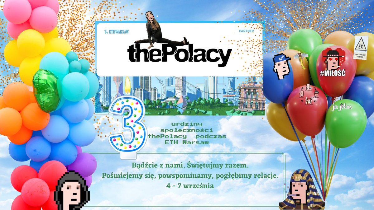 thePolacy (@thepolacy_) on Twitter photo Historia projektu thePolacy zaczęła się na kilka tygodni przed ETH Warsaw 2022 ale to dzięki wystąpieniu <a href="/degenrave/">Degen Rave - Galaktyczne Pierdolnięcie FOOM</a> podczas tego wydarzenia wieść o tej kulturowo najważniejszej kolekcji NFT w Polsce rozeszła się szerokim echem po całej społeczności web3.
Tak! Już 3 lata jesteśmy Historia projektu thePolacy zaczęła się na kilka tygodni przed ETH Warsaw 2022 ale to dzięki wystąpieniu <a href="/degenrave/">Degen Rave - Galaktyczne Pierdolnięcie FOOM</a> podczas tego wydarzenia wieść o tej kulturowo najważniejszej kolekcji NFT w Polsce rozeszła się szerokim echem po całej społeczności web3.
Tak! Już 3 lata jesteśmy