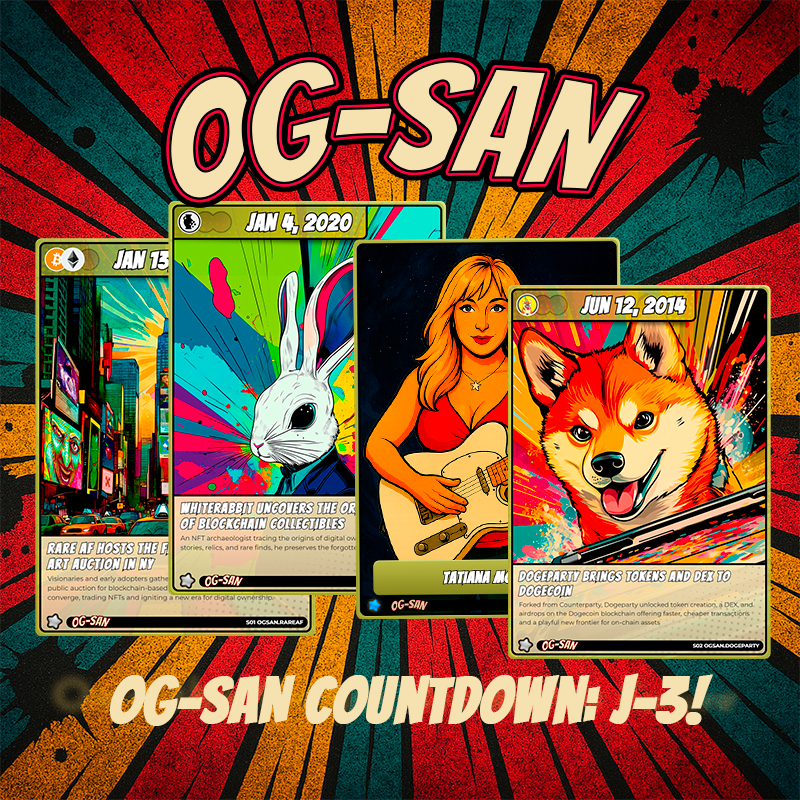 ORBital Marketplace (@orbital_market) on Twitter photo ๐OG-SAN Collection Launch Countdown: J-3!โณ3๏ธโฃ
๐ง Own the Origin
๐ด Trade the Future
Whoโs your favorite OG? Tell us below๐
<a href="/RareArtFest/">Rare AF ๐ก</a> <a href="/WRabbit1111/">๐ฐWhiteRabbit1111 ๐ฆ๐บ</a> <a href="/queentatiana/">Tatiana Moroz (QueenTatiana)</a> <a href="/tatianacoin/">Tatiana Coin</a> <a href="/DogepartyXDP/">Dogeparty</a>
#OGSAN #countdown #web3 ๐OG-SAN Collection Launch Countdown: J-3!โณ3๏ธโฃ
๐ง Own the Origin
๐ด Trade the Future
Whoโs your favorite OG? Tell us below๐
<a href="/RareArtFest/">Rare AF ๐ก</a> <a href="/WRabbit1111/">๐ฐWhiteRabbit1111 ๐ฆ๐บ</a> <a href="/queentatiana/">Tatiana Moroz (QueenTatiana)</a> <a href="/tatianacoin/">Tatiana Coin</a> <a href="/DogepartyXDP/">Dogeparty</a>
#OGSAN #countdown #web3