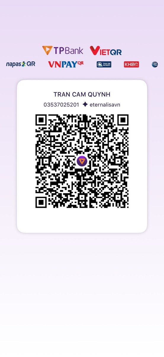 LisaVietnam's tweet photo. đây là mã QR của bên mình ạ

▶️03537025201 - TPBank
▶️ Momo: 0793971100
Mọi người note: EL giúp mình trong thông tin ck nha. Cám ơn mng đã đọc ạ https://t.co/CHApWHPTDf