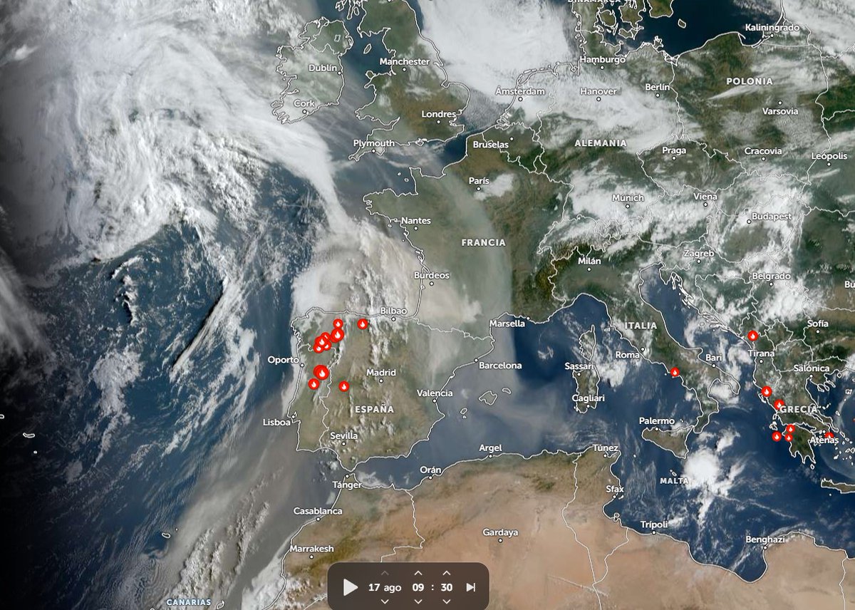 Calitja a gran part d'Europa occidental.

Barreja de pols mineral i de fum dels incendis.

Arriba a Irlanda i afecta quasi tota França.

Imatge #meteosat este matí.

Ens arriba el fum dels incendis, després de passar per França.
<a href="/CopernicusEU/">Copernicus EU</a>