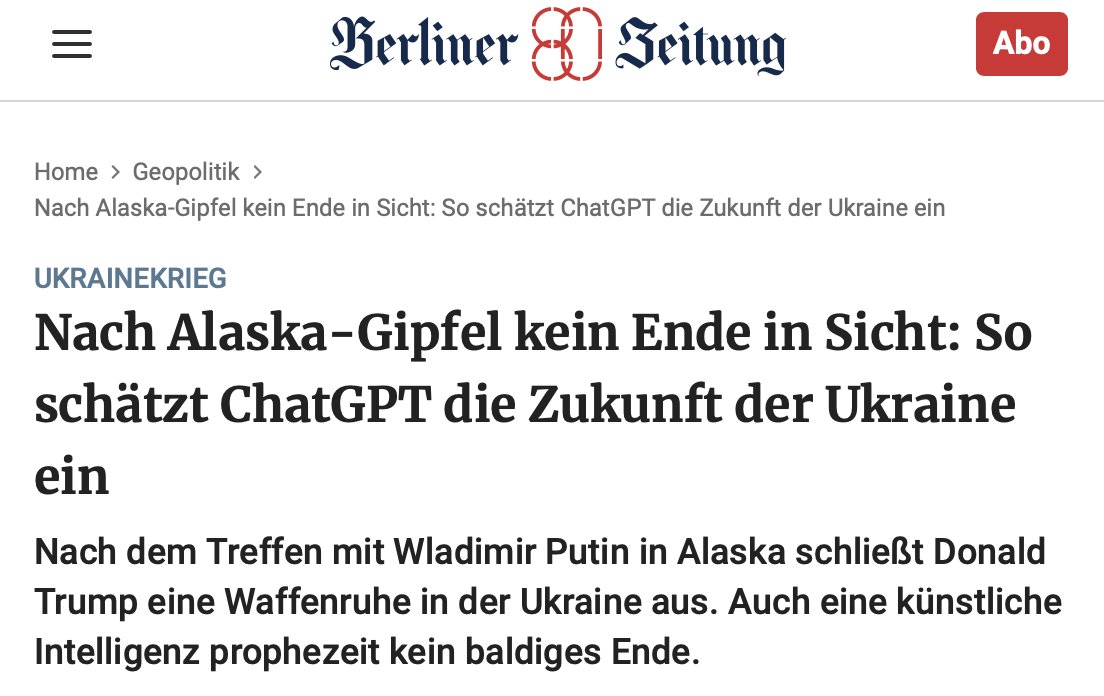 Und wie geht es nun mit Russland und der Ukraine weiter? Die @BerlinerZeitung weiß, wer es wirklich weiß: ChatGPT. Klar, weil die KI „über mehr Informationen verfügt als alle internationalen Experten zusammen und sich somit vermutlich ein umfassenderes Bild machen kann.“ 🤷‍♂️