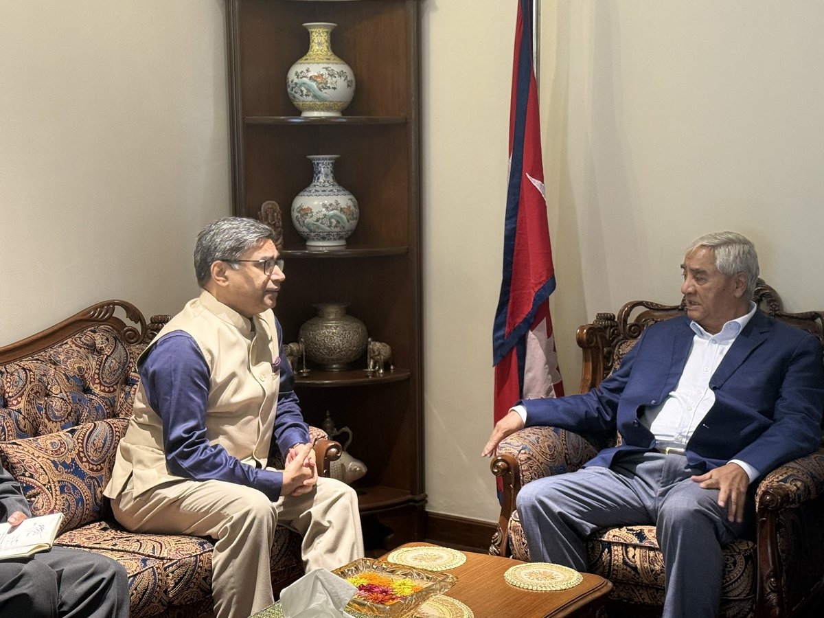 SherBDeuba's tweet photo. Pleasure to welcome Indian Foreign Secretary Vikram Misri to my residence today. Our discussions focused on further strengthening the close and multifaceted Nepal–India relations, built on mutual trust, goodwill, and shared aspirations for prosperity and stability in our region. https://t.co/ry0heoqZ9H