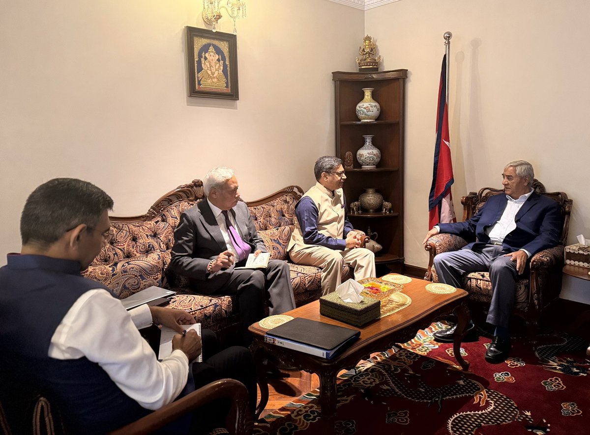 SherBDeuba's tweet photo. Pleasure to welcome Indian Foreign Secretary Vikram Misri to my residence today. Our discussions focused on further strengthening the close and multifaceted Nepal–India relations, built on mutual trust, goodwill, and shared aspirations for prosperity and stability in our region. https://t.co/ry0heoqZ9H
