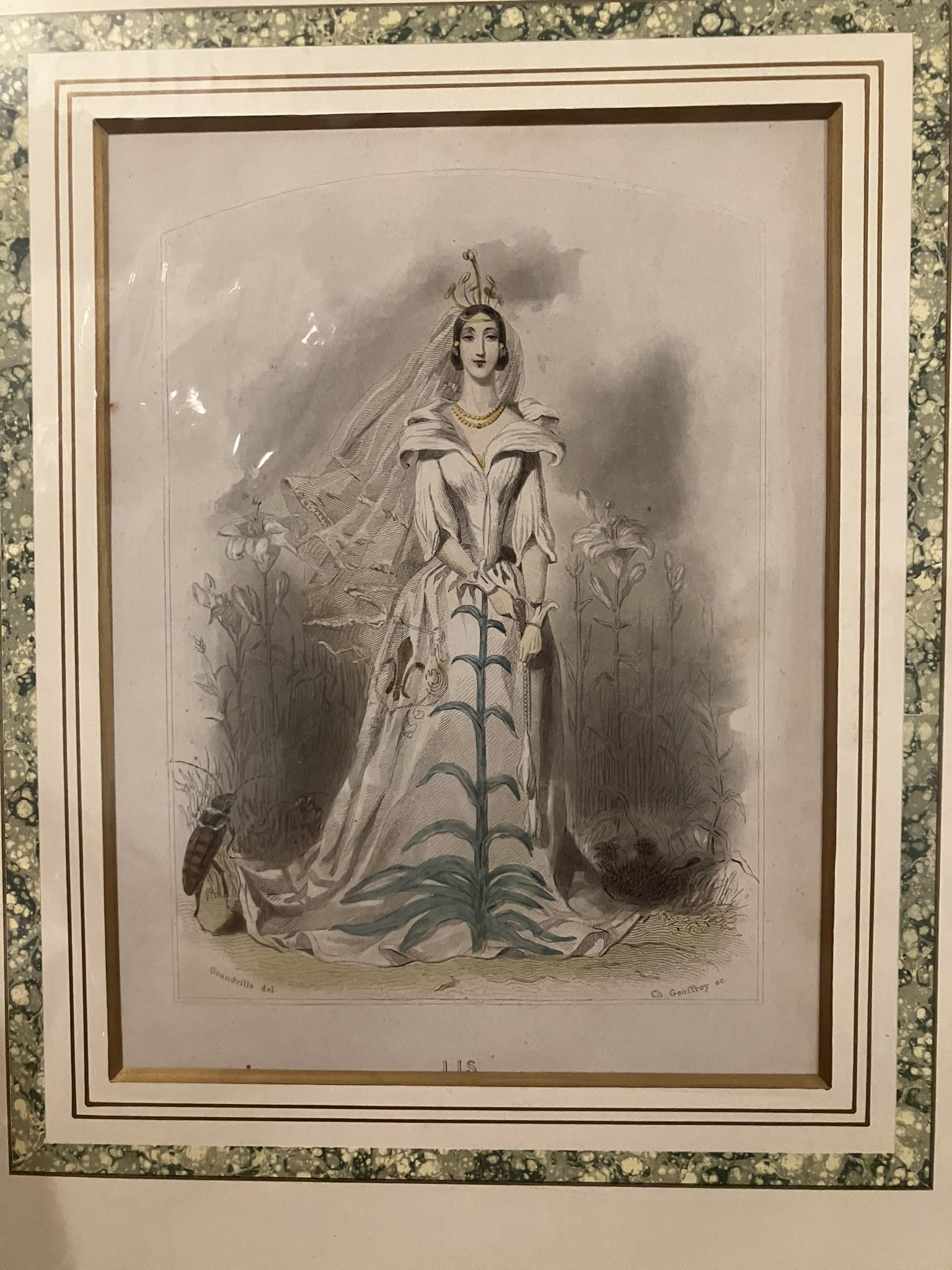 アンティークベージュ額付き銅版画応用絵画　「センチメンタル」バージョンup SOLDOUT-イギリス 70s ボタニカルアート BLUE RANUNCULUS 木製