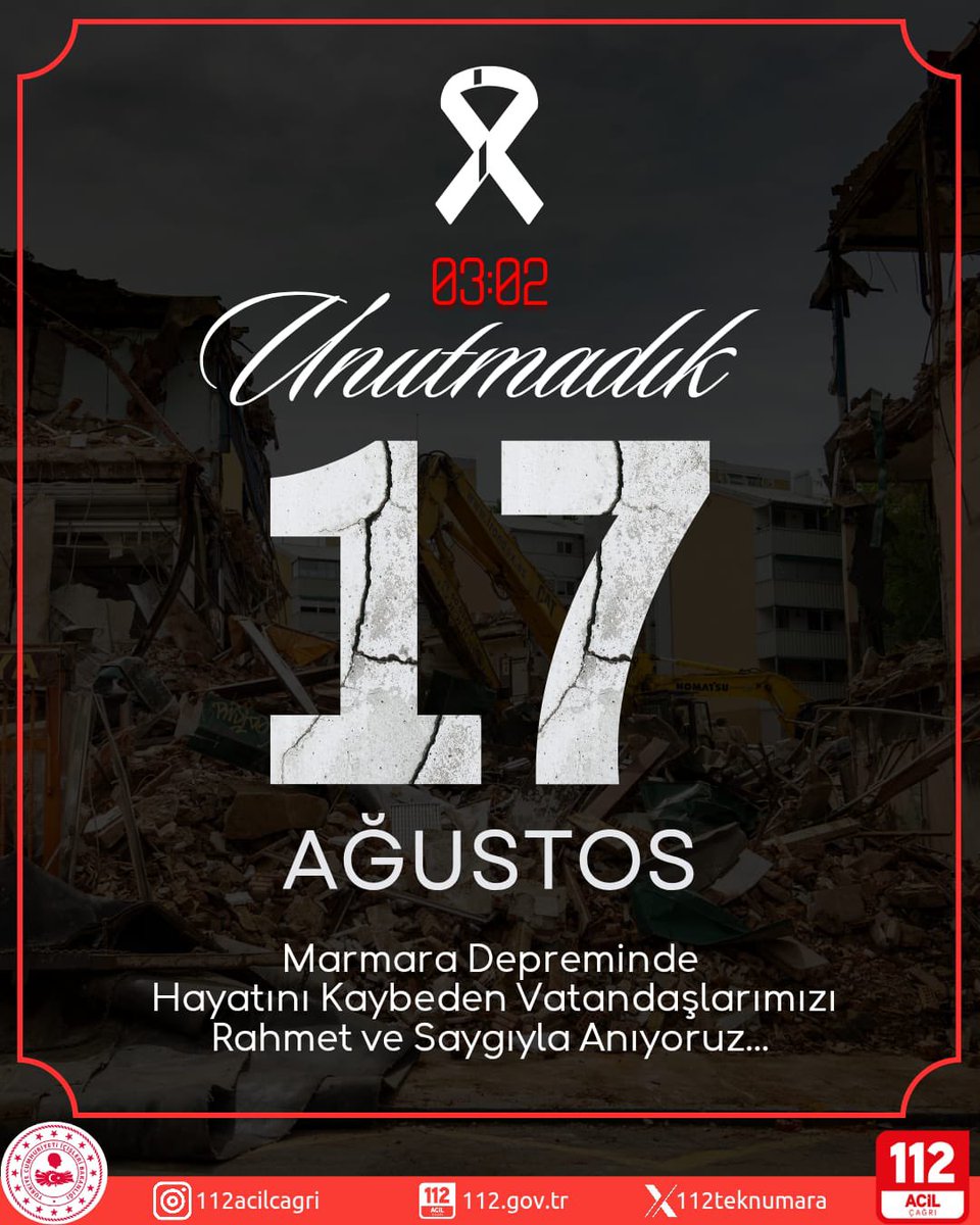 Marmara Depremi'nin 26. yıl dönümünde hayatını kaybeden vatandaşlarımızı rahmetle anıyoruz.

#17Ağustos1999