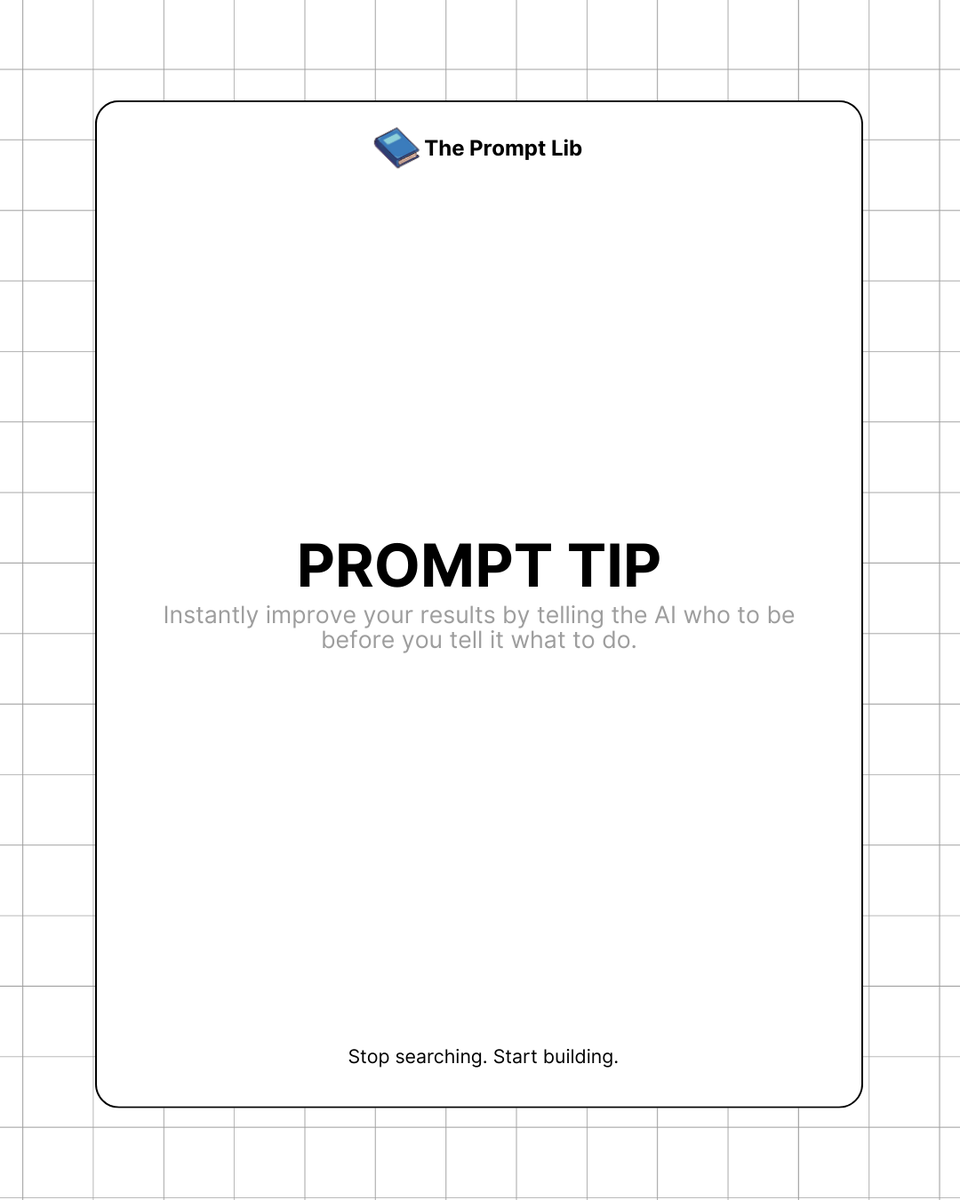 thepromptlib's tweet photo. One simple trick to instantly improve your AI results: give your AI a persona. Start your prompt with "Act as a..." to give it a specific role. You'll get much higher quality results.

#PromptEngineering #AIHacks #ThePromptLib https://t.co/zyjD5IZz4L