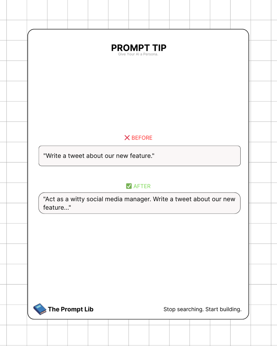 thepromptlib's tweet photo. One simple trick to instantly improve your AI results: give your AI a persona. Start your prompt with "Act as a..." to give it a specific role. You'll get much higher quality results.

#PromptEngineering #AIHacks #ThePromptLib https://t.co/zyjD5IZz4L