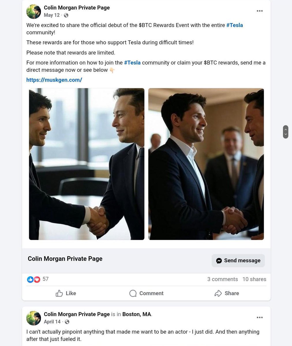🚨 FAKE PROFILE ALERT USING AI 🚨 

i was informed about this fb page pretending to be colin morgan, using AI to create fake images of him to scam people!

please REPORT this page as a fake profile and retweet so more people can see this!

#colinmorgan
🔗: facebook.com/Colin-Morgan-P…