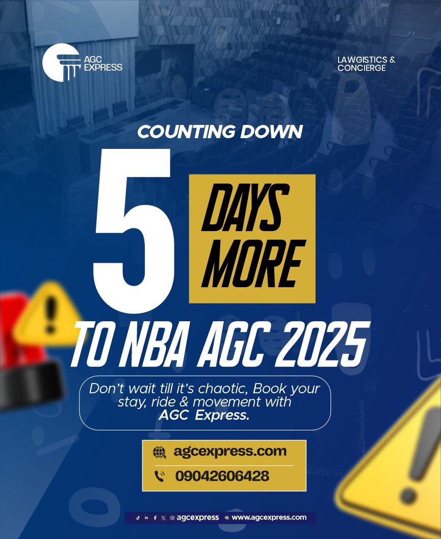 AgcExpress's tweet photo. 5 days left to #NBAAGC2025
Book your hotel, airport pick-up &amp; logistics now. Don’t wait till it’s late 🥂
AGC Express has you covered. https://t.co/9IRmOry3iB