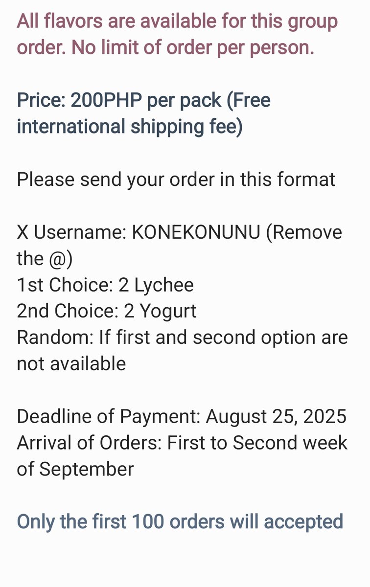 [PH GO | PASABUY | HELP RT] ₍ᐢ. ̫.ᐢ₎

Jele Chewy - 200php each (Helping a friend for this G.O)

⟡ Please read the details before ordering!
⟡ ETA: 1st - 2nd week of September
⟡ First come, First served basis 

⟡ Wrong ordering format will not be entertained

💌 DM to order