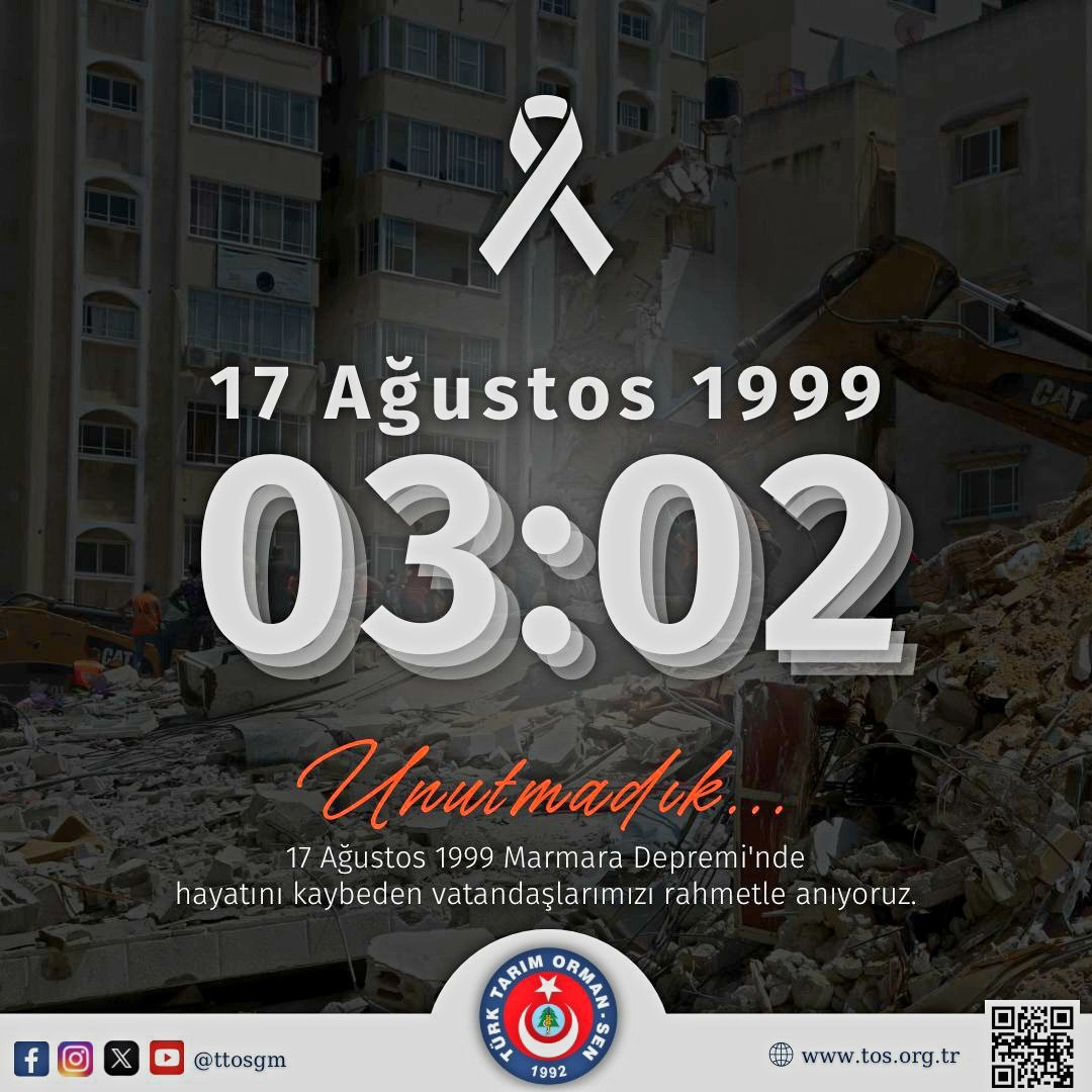 26 Yıl Önce 17 Ağustos 1999 Marmara Depremi’nde hayatını kaybeden vatandaşlarımızı rahmetle, anıyorum.
Mekanları cennet makamları Ali olsun inşallah..!
Rabbim Devletimizi milletimizi her türlü afet ve felaketlerden korusun. 
#17Ağustos #marmaradepremi