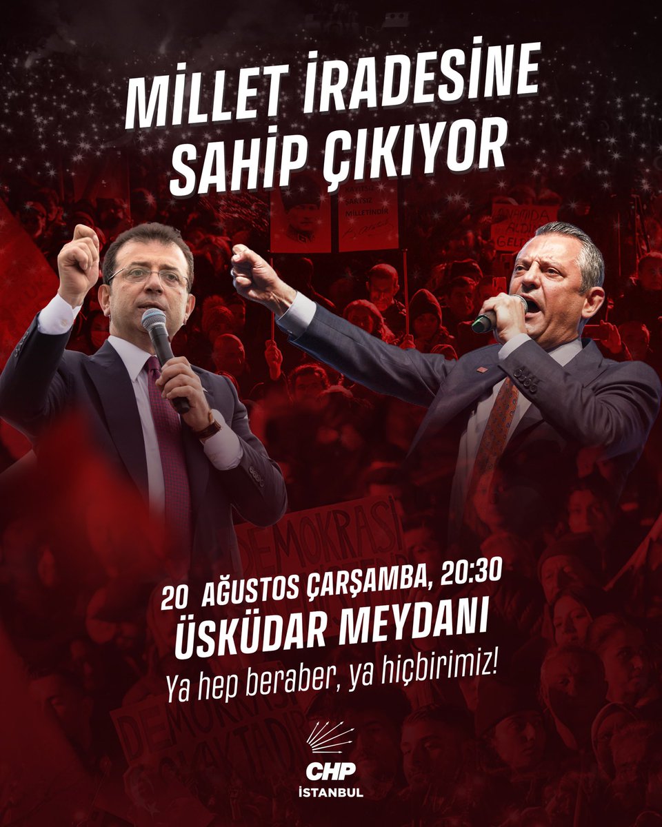 Mücadelemiz, zulüm düzenini yenme mücadelesi. 

Cumhurbaşkanı Adayımız Ekrem İmamoğlu’na ve tüm yol arkadaşlarımıza özgürlük için buluşuyoruz. 

Adalet ve demokrasi için Genel Başkanımız Özgür Özel’in öncülüğünde Üsküdar’dayız.

Tüm halkımızı, iradesini savunmak üzere bekliyoruz.