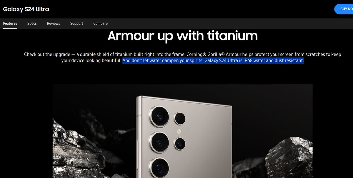 fooctrl's tweet image. While @Samsung / @SamsungNL advertise their devices as &quot;water resistant&quot; (IP68), my Galaxy S24 Ultra died after 30s in shallow water. Warranty claim was denied for &quot;water damage.&quot; Why encourage folks to go into water with €1500 devices if they’re not actually water resistant?🤷‍♂️