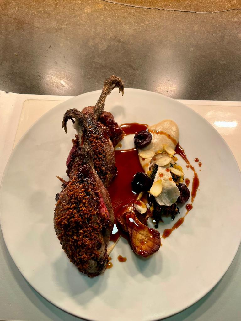 New main course on our ALC menu,

First of the season Young Grouse:

Whole Grouse, liver toast on a brioche, sweet corn and kale fricassee, raw cep, roast cep slices, pickle cherries, soda bread crumbs, finished with juniper and thyme, slices of cobnuts, game sauce 
Chef Simon