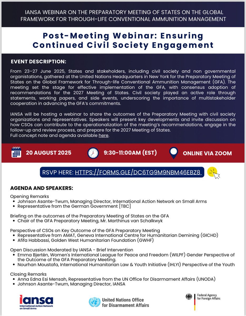 Join us!  We will be speaking at the upcoming post-meeting webinar hosted by  The  <a href="/IANSAnetwork/">IANSA</a> on “Ensuring Continued Civil Society Engagement”.
Wednesday, 20 August /Time: 9:30am – 11:00am EST (1:30pm – 3:00pm GMT) / via Zoom
👉 Register to join 

docs.google.com/forms/d/e/1FAI…