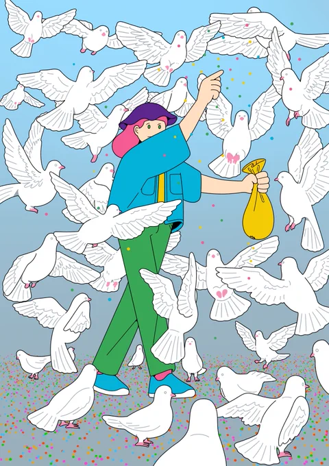【#土筆荘 展示作品紹介①】 「ミラー えさやり」 鏡とアクリル印刷を組み合わせた作品です。会場でこっそり身だしなみを整えるのに活用してください!