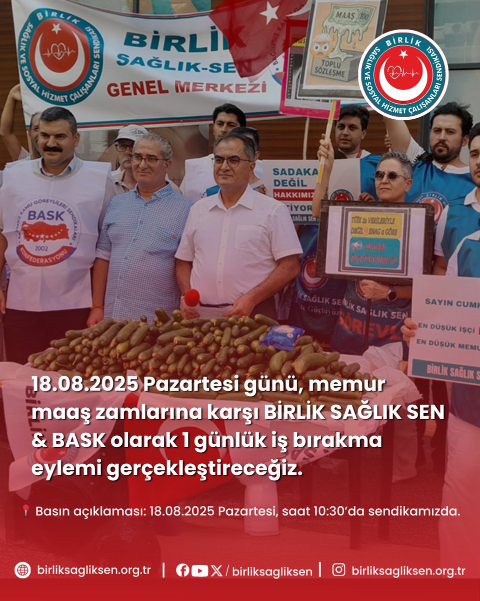 BirlikSaglikSen's tweet photo. Değerli üyemiz;
Memur maaş zamlarıyla ilgili 18.08.2025 pazartesi günü Sendikamız BİRLİK SAĞLIK SEN ve Konfederasyonumuz BASK bir günlük iş bırakma eylem kararı almıştır.
İş bırakma eylemiyle ilgili yarın saat:10:30 da sendikamızda basın açıklaması yapılacaktır. https://t.co/bgf1FOxgyc