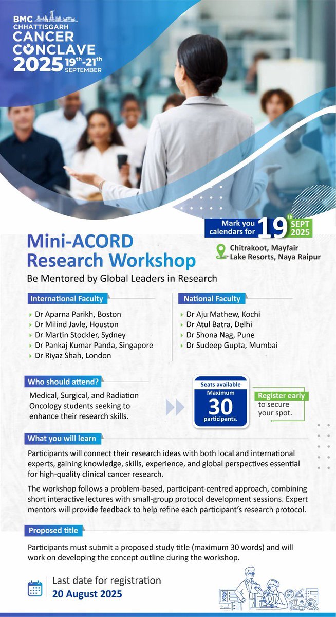 Excellent opportunity for early career oncologists! ACORD one-day Concept Development Workshop at Raipur, India on 19th September 2025.

Registration link: forms.gle/xggsLNQpjy5R2o…

<a href="/MartinStockler/">Martin Stockler</a> <a href="/SirohiBhawna/">bhawna sirohi</a> <a href="/BalcoMedical/">BALCO Medical Centre</a>