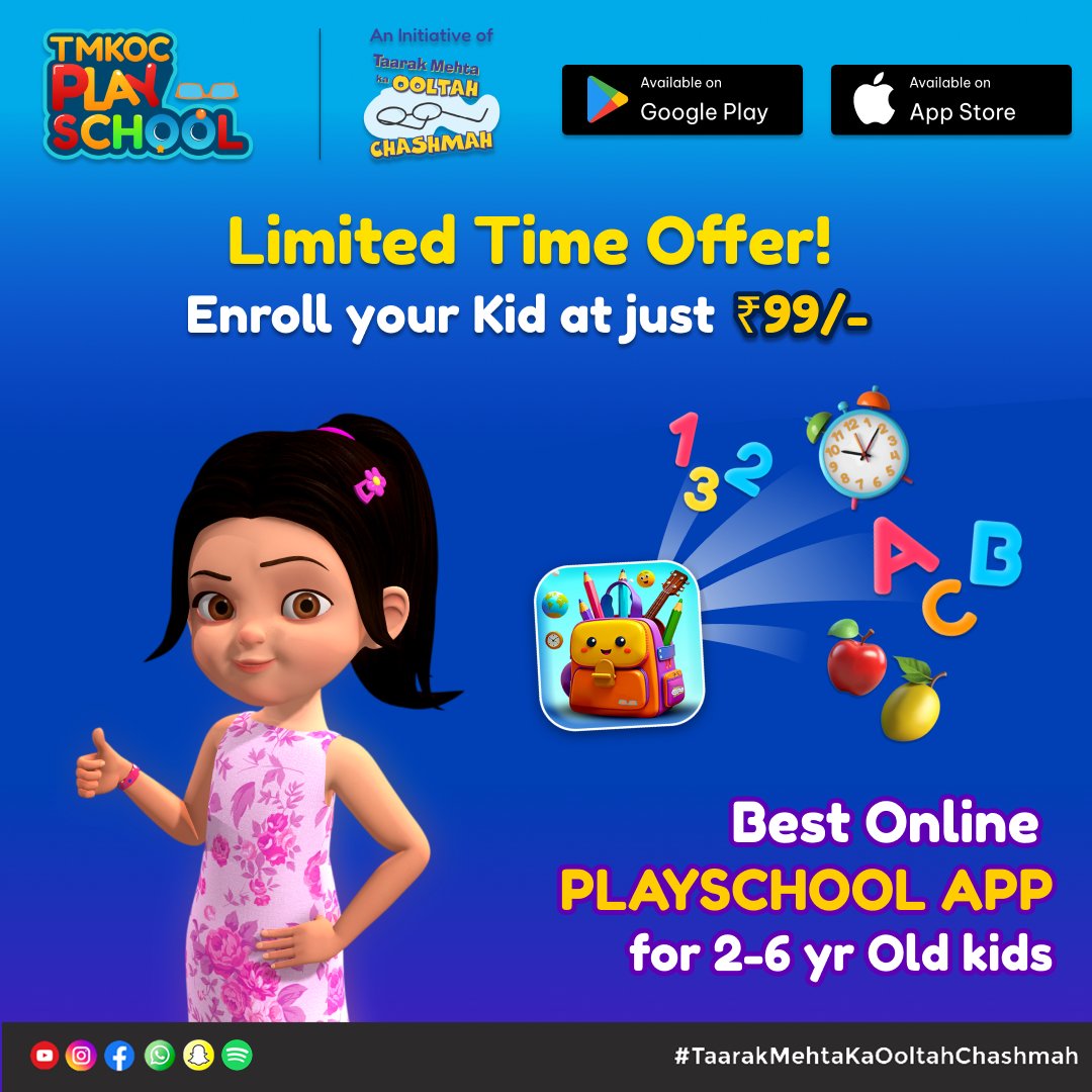 Where learning meets Masti! 🌟
Enroll your little one at the Best Online Playschool App TMKOC Play School today!

 Join now at just ₹99/-
🕒 Limited time offer, don’t miss out!
📲 Download now
Google Play Store: play.google.com/store/apps/det…

Apple Test Flight: testflight.apple.com/join/SYgGKcAG
