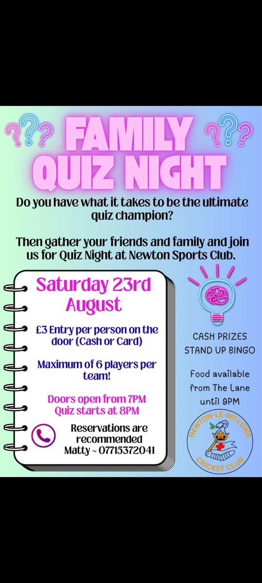 Next Saturday, we are hosting a family quiz night at <a href="/nlwsports/">Newton Sports Club</a> as a fundraiser for our net renovations.

All info in the below poster.  
Booking highly recommended.

Please contact either Emma Duxbury or <a href="/iammatthewrose/">Matthew Rose</a> on 07715 372 041 to reserve your place