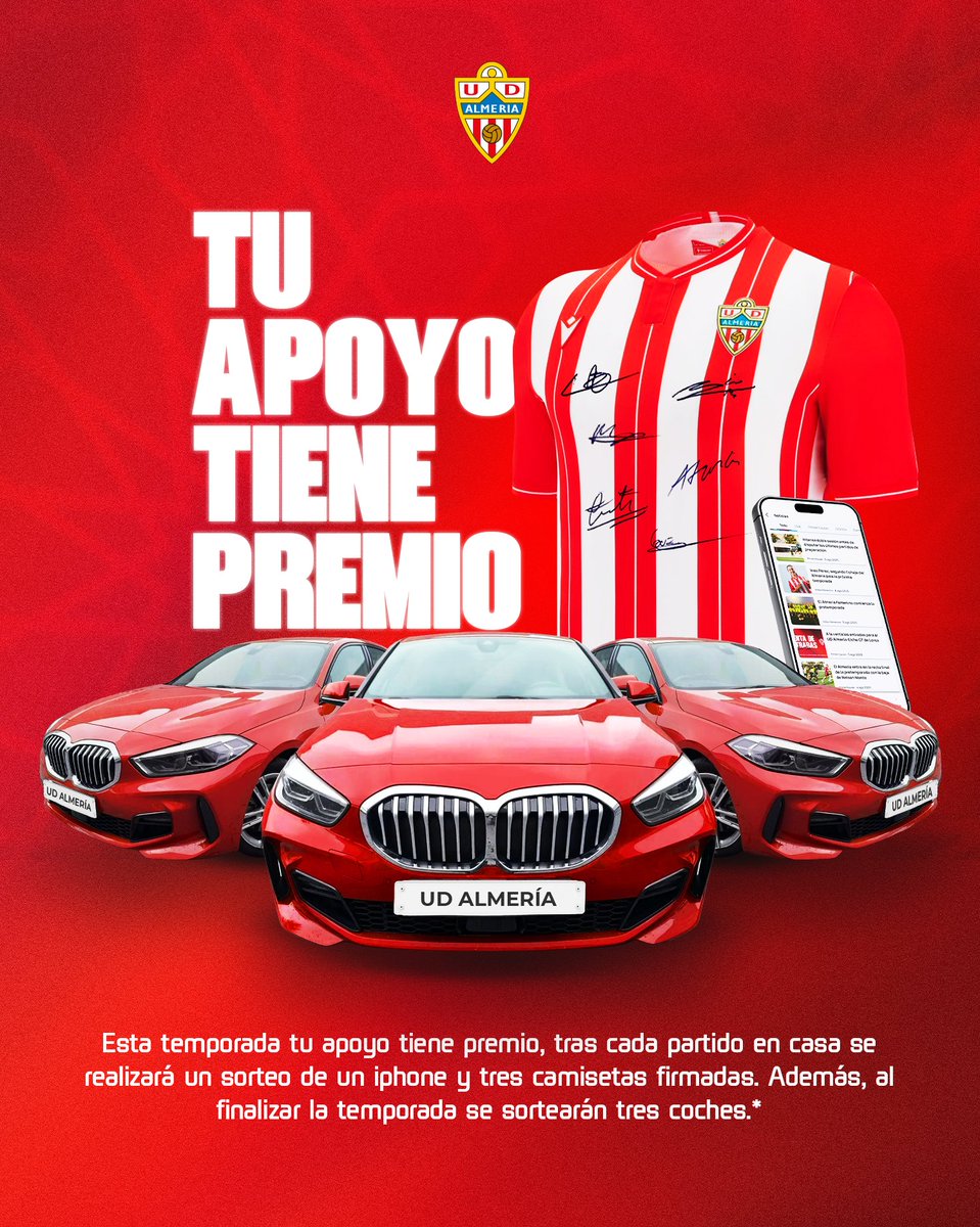 UD Almería (@u_d_almeria) on Twitter photo 🤩 Tu apoyo tiene premio ❤️🤍
Nuestro presidente, <a href="/malkhereiji/">Mohamed Al khereiji محمد الخريجي</a>, ha querido premiar a la afición tras volver a agotar un año más los abonos de temporada.
📱Tras cada partido en casa se sorteará un iPhone entre los abonados asistentes.
🔴 También se sortearán 3️⃣ camisetas entre 🤩 Tu apoyo tiene premio ❤️🤍
Nuestro presidente, <a href="/malkhereiji/">Mohamed Al khereiji محمد الخريجي</a>, ha querido premiar a la afición tras volver a agotar un año más los abonos de temporada.
📱Tras cada partido en casa se sorteará un iPhone entre los abonados asistentes.
🔴 También se sortearán 3️⃣ camisetas entre