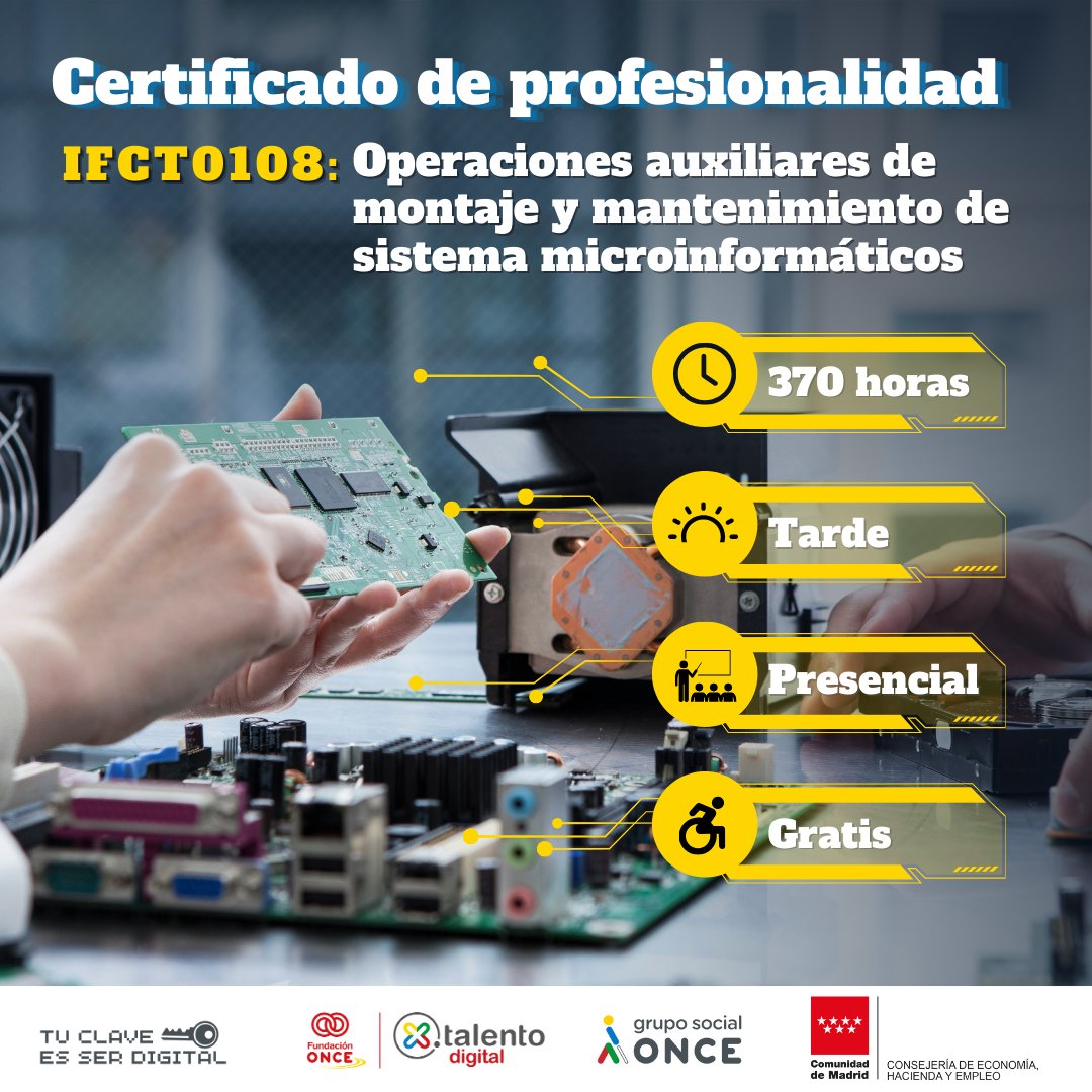 Por Talento Digital, de Fundación ONCE (@xtalentodigital) on Twitter photo 🆕Aprende sistemas microinformáticos con #XTalentoDigital y obtén un certificado oficial de la <a href="/ComunidadMadrid/">Comunidad de Madrid</a>
✍️Inscríbete a esta formación y adquiere habilidades para su montaje y mantenimiento
♿️¡Es gratuita para personas con #discapacidad!👇
portalentodigital.fundaciononce.es/node/31193?utm… 🆕Aprende sistemas microinformáticos con #XTalentoDigital y obtén un certificado oficial de la <a href="/ComunidadMadrid/">Comunidad de Madrid</a>
✍️Inscríbete a esta formación y adquiere habilidades para su montaje y mantenimiento
♿️¡Es gratuita para personas con #discapacidad!👇
portalentodigital.fundaciononce.es/node/31193?utm…
