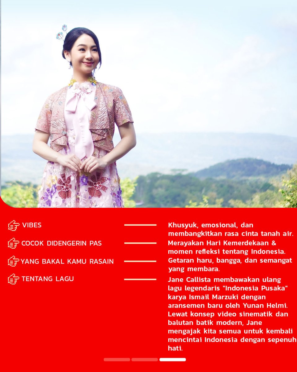 🇮🇩 Merayakan kemerdekaan dengan musik untuk tanah air tercinta.

Jane Callista hadir membawakan ulang karya legendaris Ismail Marzuki – Indonesia Pusaka. 

Sudah siap ikut merasakan semangatnya? Dengar di Langit Musik #MusikIndonesiaJuara klik -&gt;  lang.it/JaneIndonesiaP…