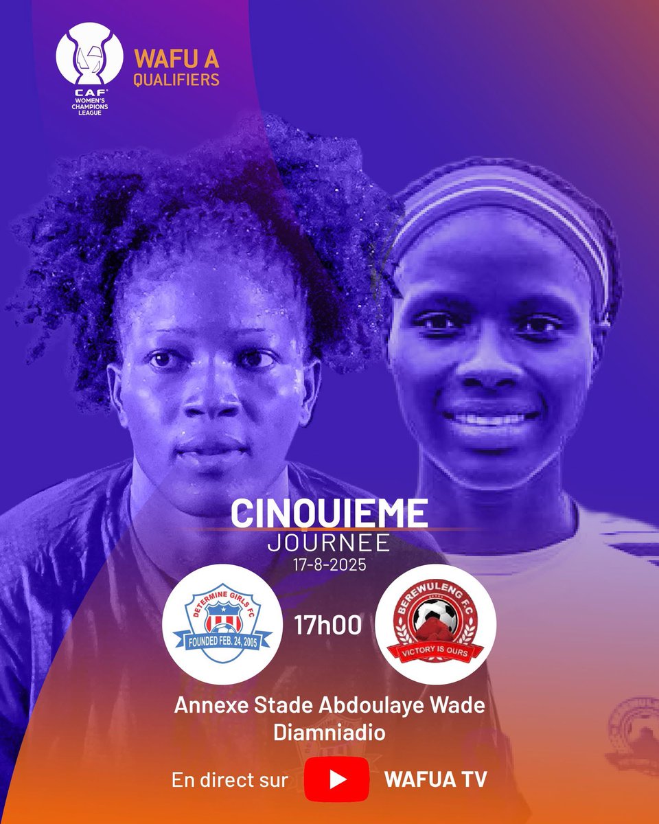 Dernière journée de la WCL WAFU A Qualifiers
⚽ AIGLES DE MEDINA (🇸🇳) ⚔️ RAM KAMARA (🇸🇱)  -  17h00 (Pelouse principale)
⚽ DETERMINE GIRLS FC (🇱🇷) ⚔️ BEREWULENG FC (🇬🇲)  -  17h00 (pelouse secondaire)
🏟 Annexe Stade Abdoulaye Wade
#CAF #WAFUA #WCLQ