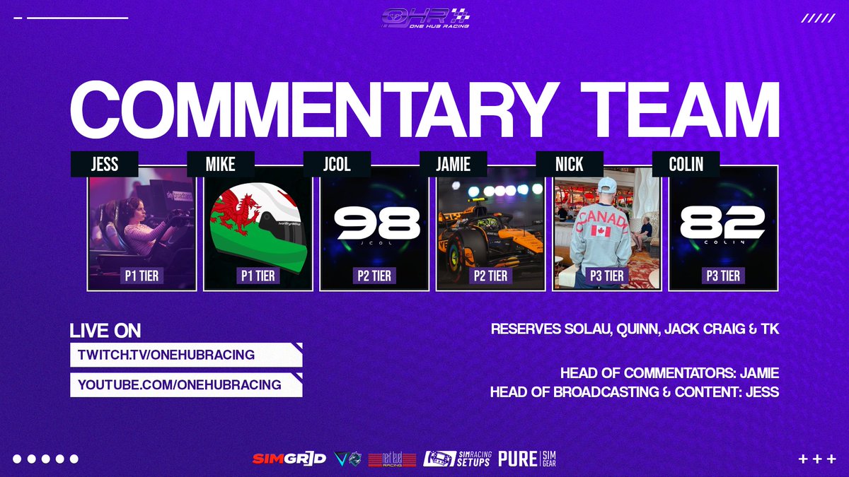 One Hub Racing ๐ (@onehubracing) on Twitter photo RACE DAY ๐
R2: Canada๐จ๐ฆ
๐ฃ P3 Tier 4.30pm | TWITCH
๐ฃ P2 Tier 6pm | TWITCH
๐ฃ P1 Tier 7.30pm | TWITCH
All races UK Time & streamed LIVE with commentary tonight ๐ฅ
๐๏ธ <a href="/ERT_ColinRMason/">Colin Rowland Mason ๐ด๓ ง๓ ข๓ ท๓ ฌ๓ ณ๓ ฟ</a> and <a href="/SirQuinnith/">Quinn</a> (P3)
๐๏ธ <a href="/JCoL_98/">Jack / JCoL</a> and jamiemet92 (P2)
๐๏ธ <a href="/JessGames95/">Jessica Ball</a> and <a href="/IvorBrynMike/">Michael Edwards</a> (P1) RACE DAY ๐
R2: Canada๐จ๐ฆ
๐ฃ P3 Tier 4.30pm | TWITCH
๐ฃ P2 Tier 6pm | TWITCH
๐ฃ P1 Tier 7.30pm | TWITCH
All races UK Time & streamed LIVE with commentary tonight ๐ฅ
๐๏ธ <a href="/ERT_ColinRMason/">Colin Rowland Mason ๐ด๓ ง๓ ข๓ ท๓ ฌ๓ ณ๓ ฟ</a> and <a href="/SirQuinnith/">Quinn</a> (P3)
๐๏ธ <a href="/JCoL_98/">Jack / JCoL</a> and jamiemet92 (P2)
๐๏ธ <a href="/JessGames95/">Jessica Ball</a> and <a href="/IvorBrynMike/">Michael Edwards</a> (P1)