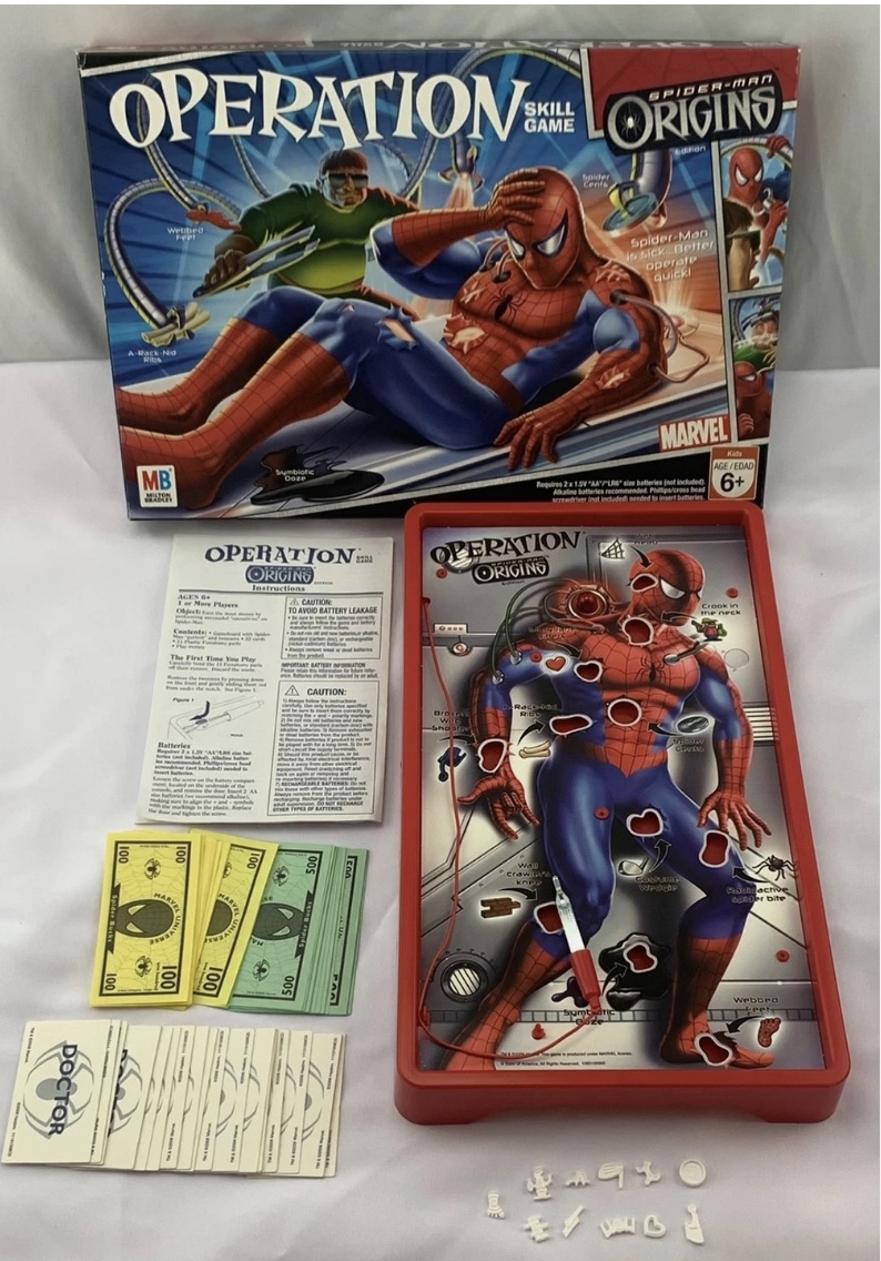 SugarBooger2024's tweet photo. So this thing... exists? Weirdest piece of Spider-Man merch I have come across. I understand SpongeBob and Shrek getting operation tie-in games, but... Sam Raimi Spider-Man? #samraimispiderman #spiderman2 #miltonbradley #2000snostalgia #spiderman #samraimi https://t.co/UkCLE2y6uQ