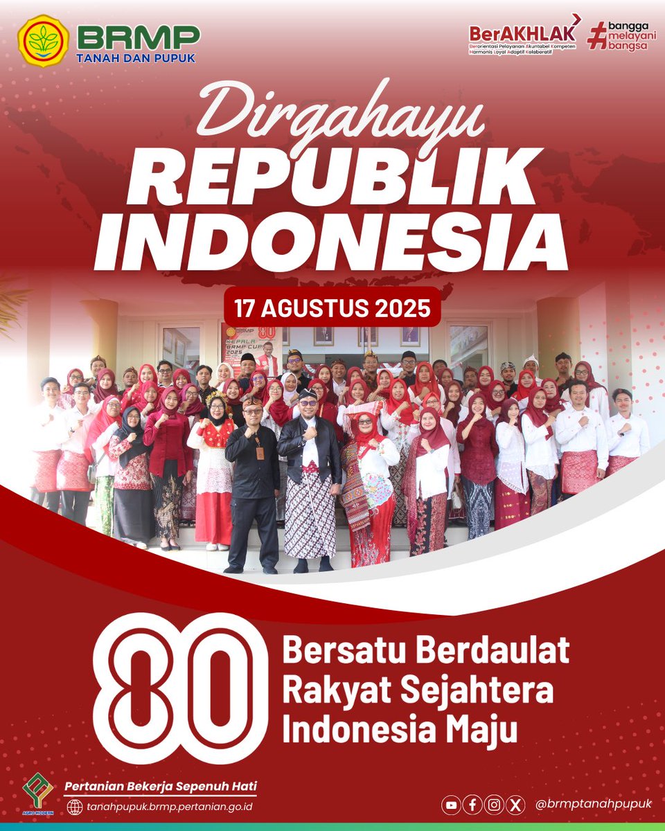 Pimpinan dan Keluarga Besar BRMP Tanah dan Pupuk mengucapkan:

Dirgahayu Republik Indonesia Ke-80 

Bersatu Berdaulat, Rakyat Sejahtera, Indonesia Maju.